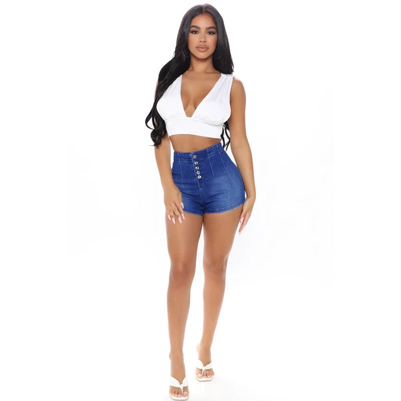 Women's Waist Breasted Denim Washed Straight Commuter Shorts