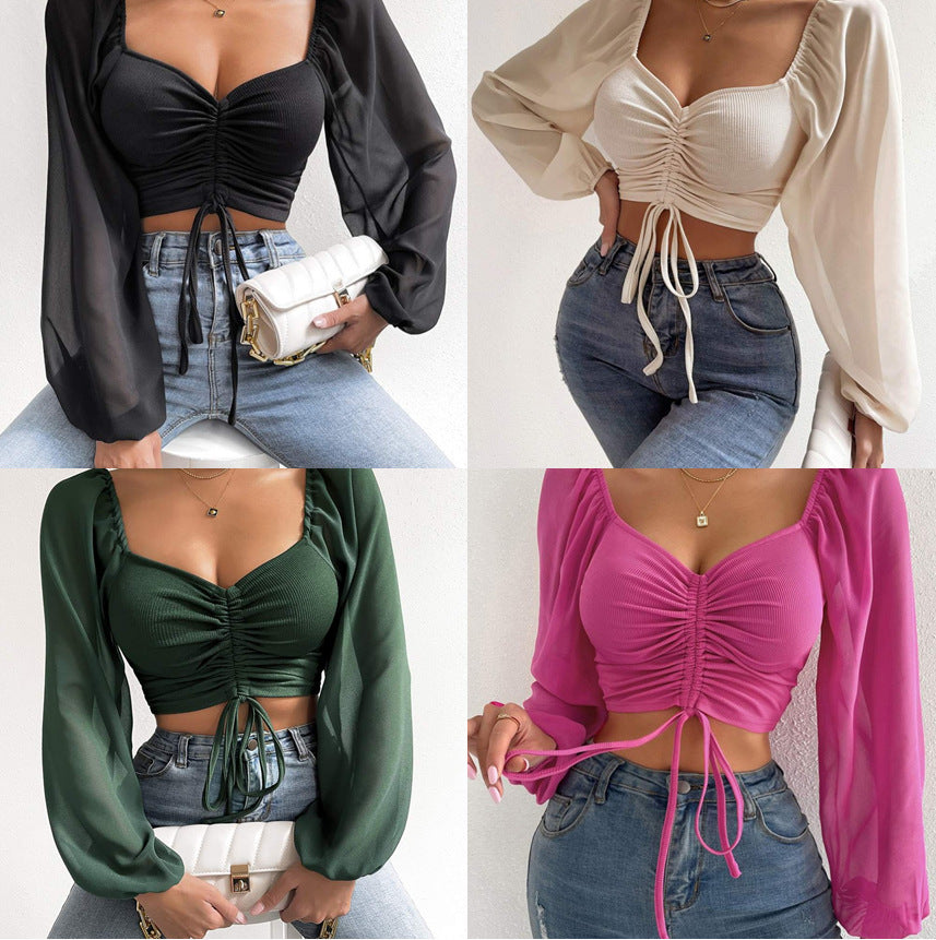 Women's Summer Chiffon Drawstring Lantern Sleeve Skinny Fashion Tops