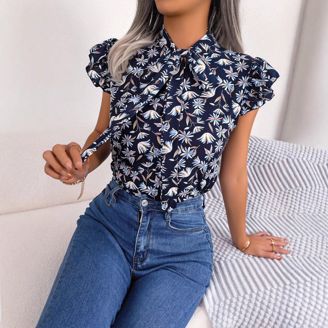 Women's Casual Floral Stringy Seedge Bow Lace Shirt, Chiffon Shirt