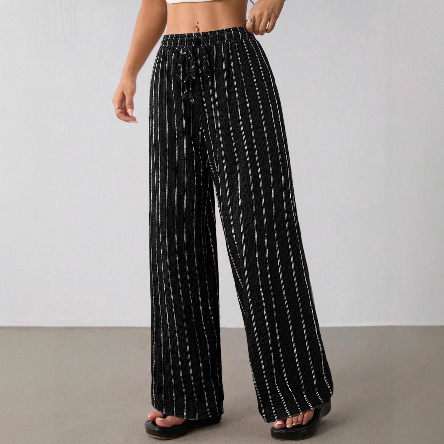 Women's Loose Striped Drawstring Elastic Waist Contrast Color Wide Leg Casual Pants