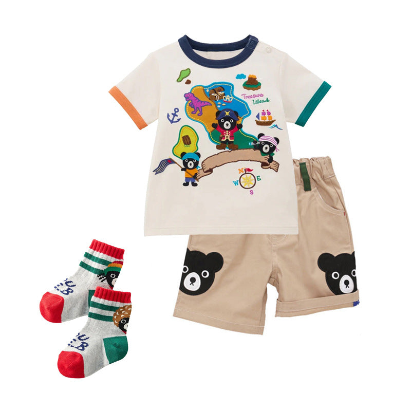 Black Bear Boys Nautical Treasure Pattern Short Sleeve Cute Color Children's T-shirt