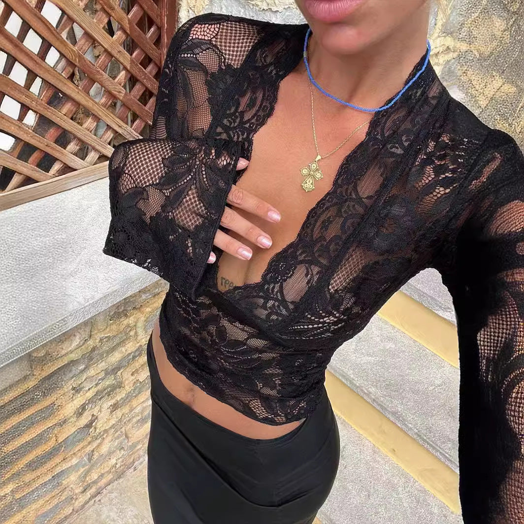Autumn Solid Color Slim Long Sleeve Lace Shirt, Chiffon Shirt