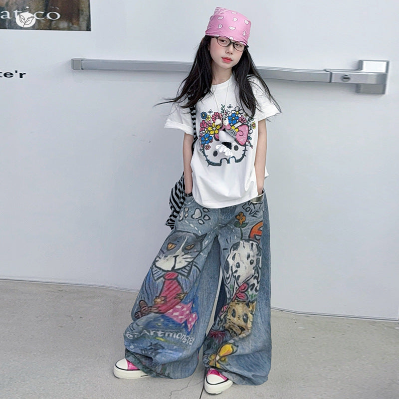 Printed Short-sleeved Jeans Korean Cartoon T-shirt Iti Pants Children's Suit