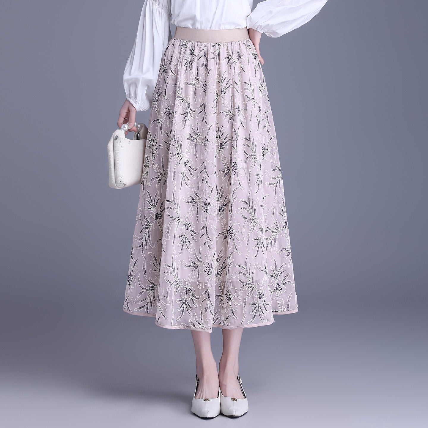 Women's Korean Style Printed Two-sided Wear Mesh Autumn Mid-length High Waist Skirt