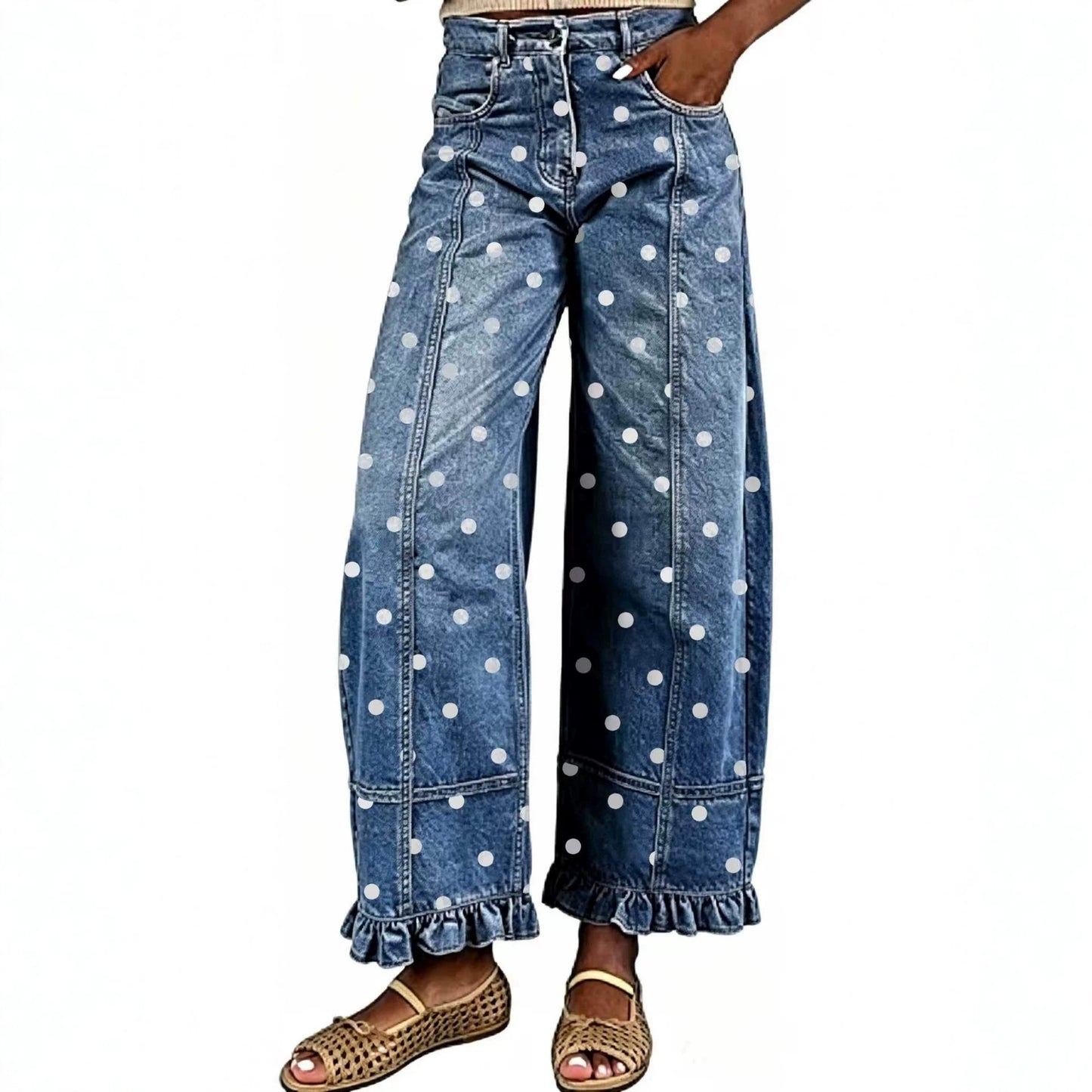 Women's Waist Polka-dot Ruffled Design Sense Fashion Jeans
