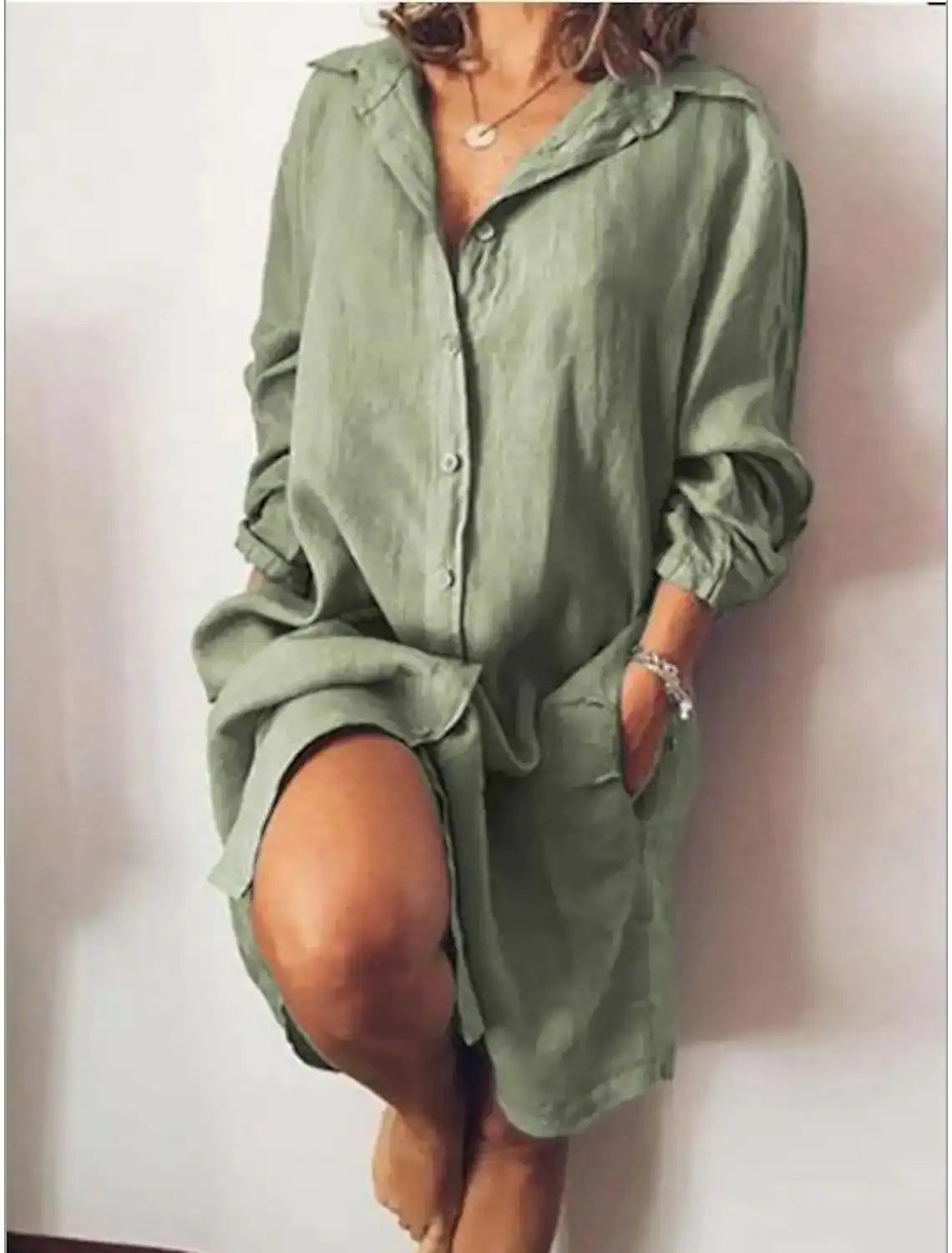 Women's Mid-length Long Sleeve Solid Color Single-breasted Blouse