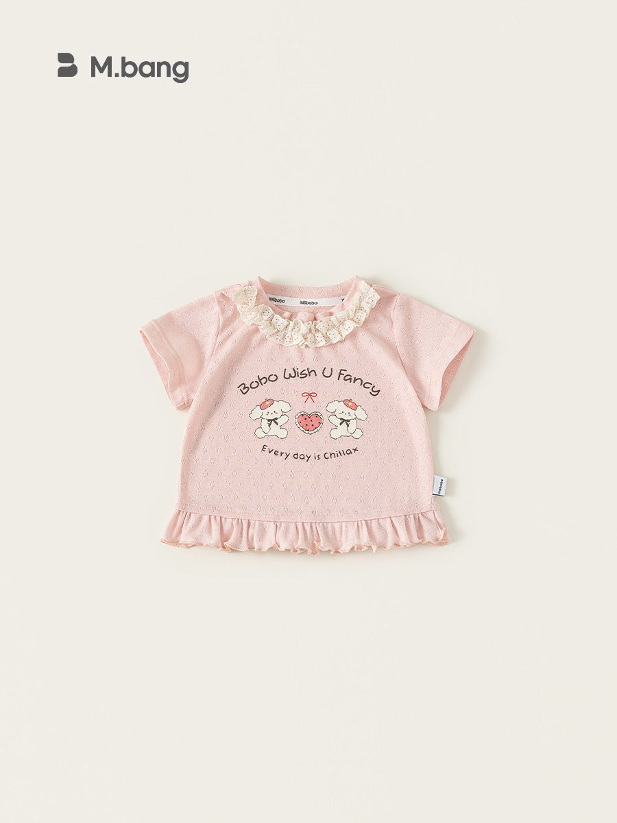 Children's Summer Stitching Lace Little Pink Sweet Short Sleeve Children's T-shirt