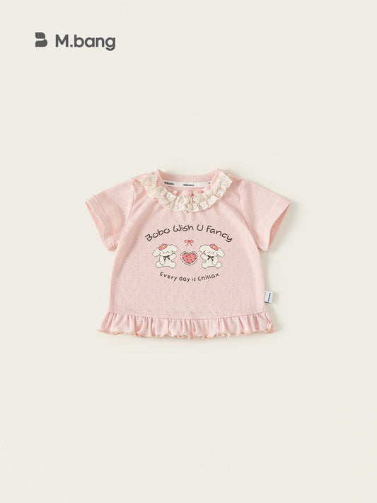 Children's Summer Stitching Lace Little Pink Sweet Short Sleeve Children's T-shirt