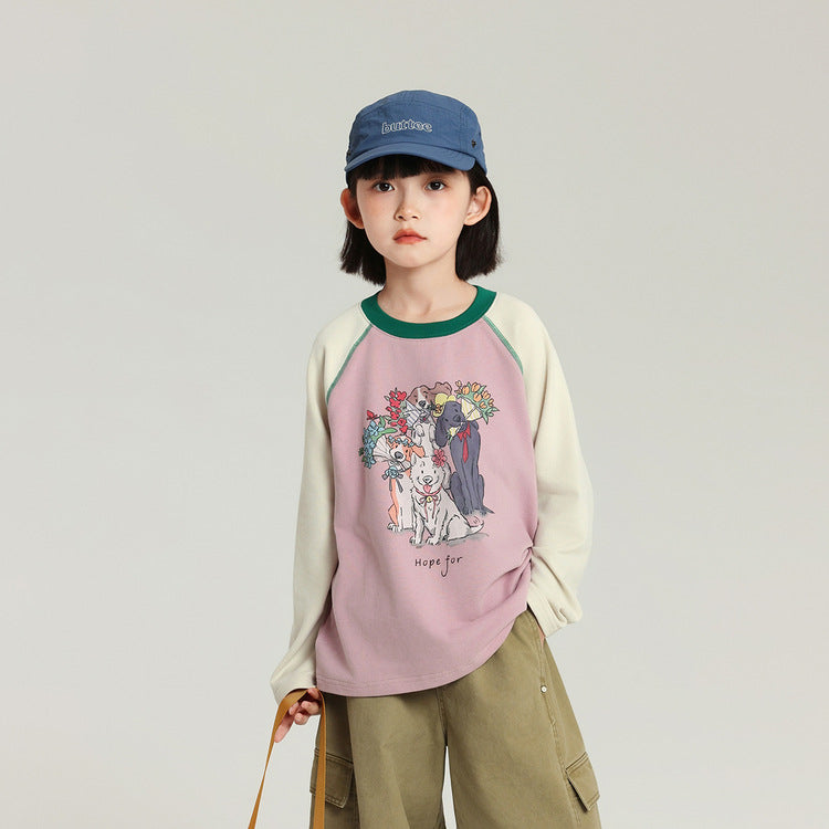Children's Pudding Long-sleeved Cartoon Printed Raglan Sleeve Children's T-shirt