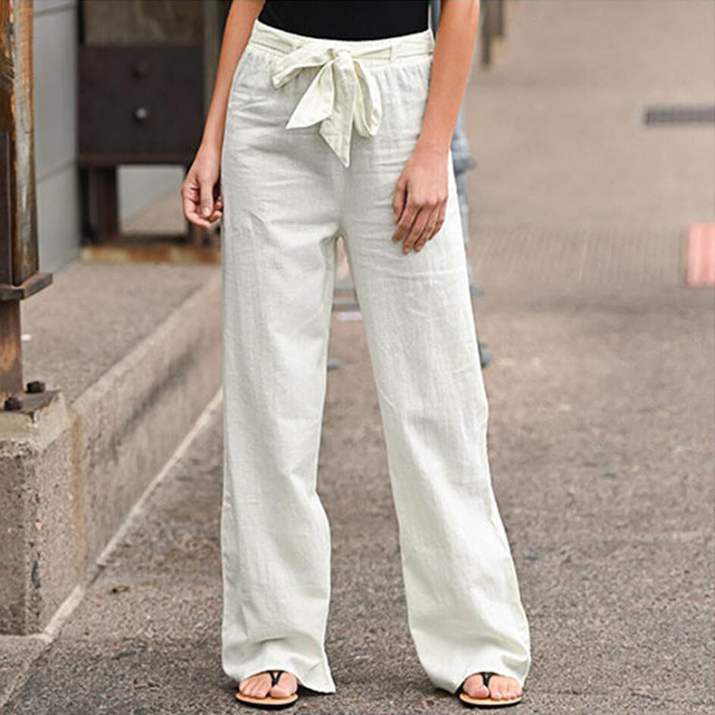 Women's Summer Elastic Waist Solid Color Cotton Linen Belt Wide Pants
