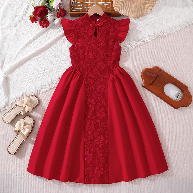 Children's Summer Red Chinese Embroidery Patchwork Princess Children's Dress