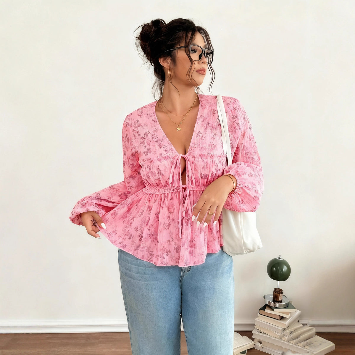 Floral Collar Long Sleeve Pleated Elastic Waist Casual Word With Tops