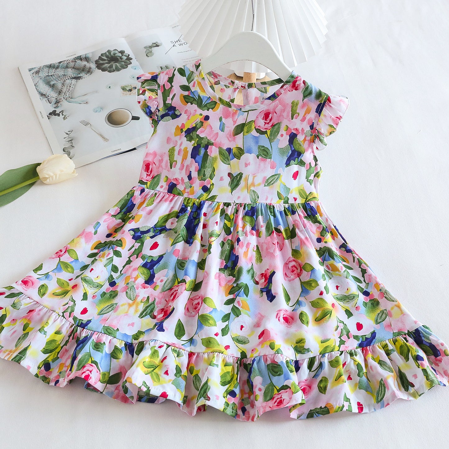 Fresh Flounced Sleeve Floral Cotton Summer Thin Cool Children's Dress