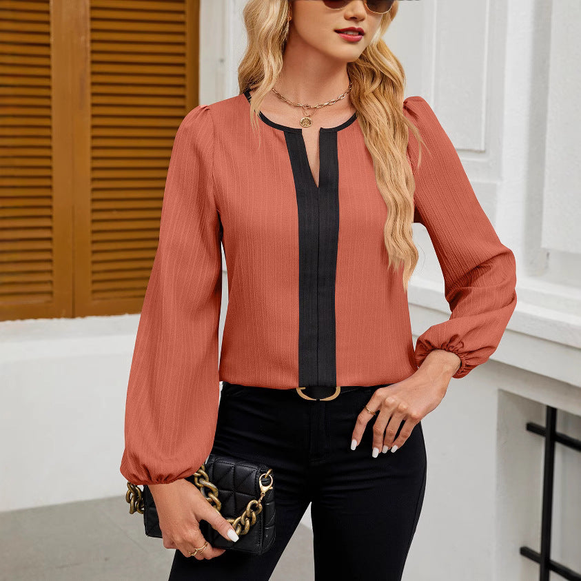Women's Spring V Neck Bubble Long Sleeve Blouse