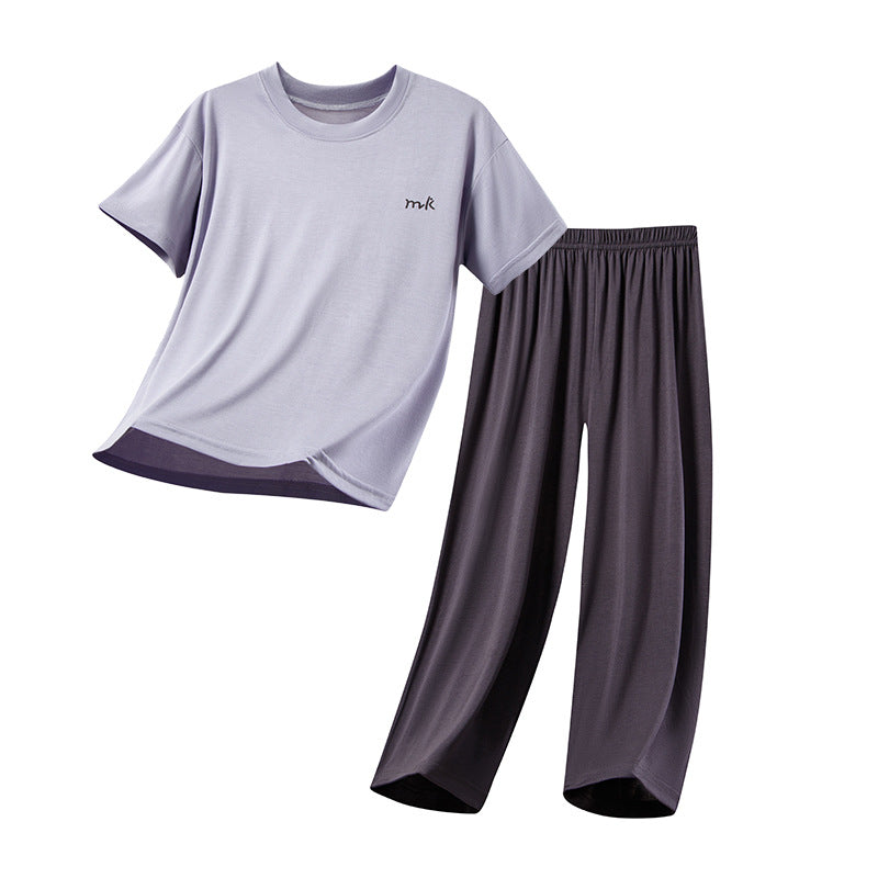 Neck Medium Large Boys Elastic Short-sleeved Trousers Pajamas Two-piece Children's Suit