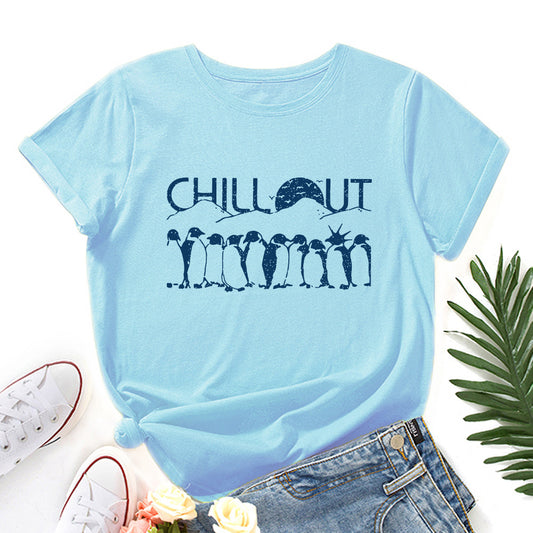 Women's Loose Round Neck Sleeve Female Creative Penguin Shorts