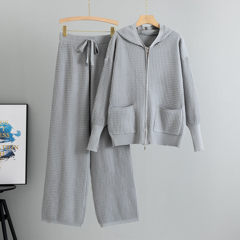 Women's Autumn Zipper Hooded Knitted Plaid Two-piece Clothing