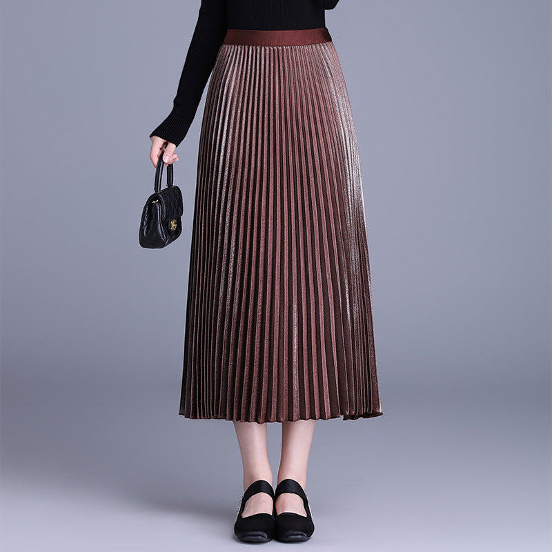 Pleated Autumn High Waist Mid-length Long Dress Temperament Drape A- Skirt