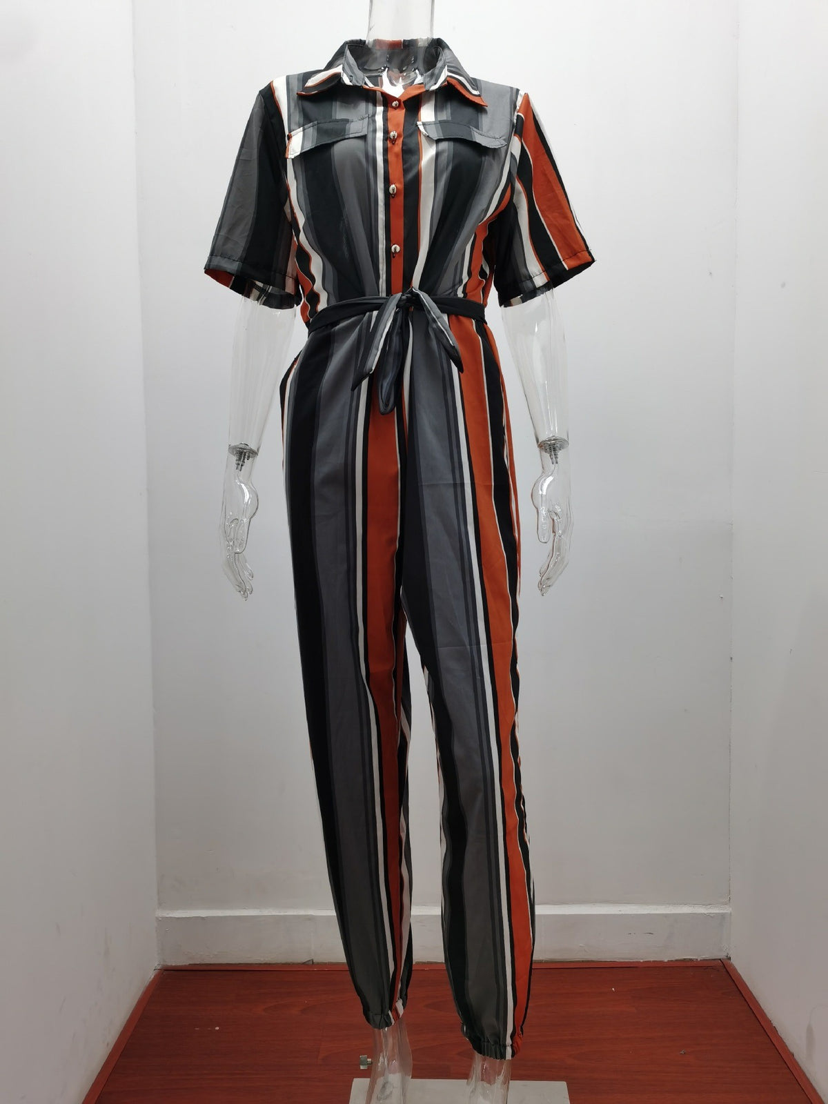 Women's Summer Trousers Lapel Button Printed Belt Casual Pants