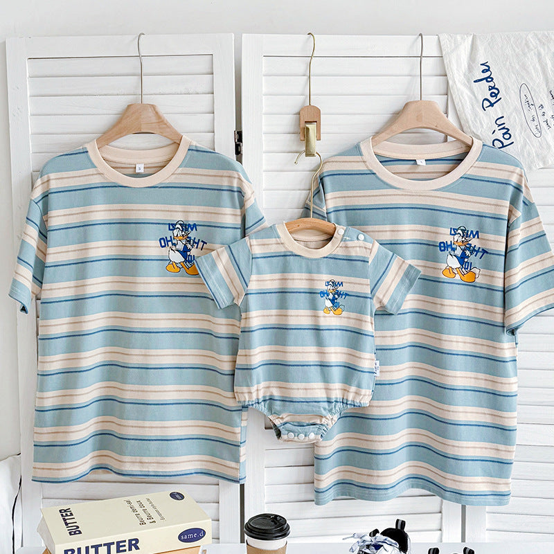 Summer Cartoon Striped Short Sleeve T-shirt Cute Parent-child Outfit