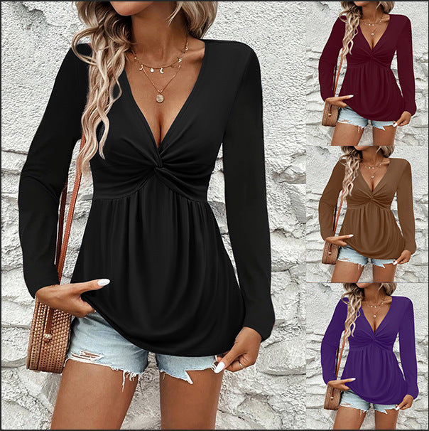 Women's Twist Solid Color Long Sleeve Women's T-shirt