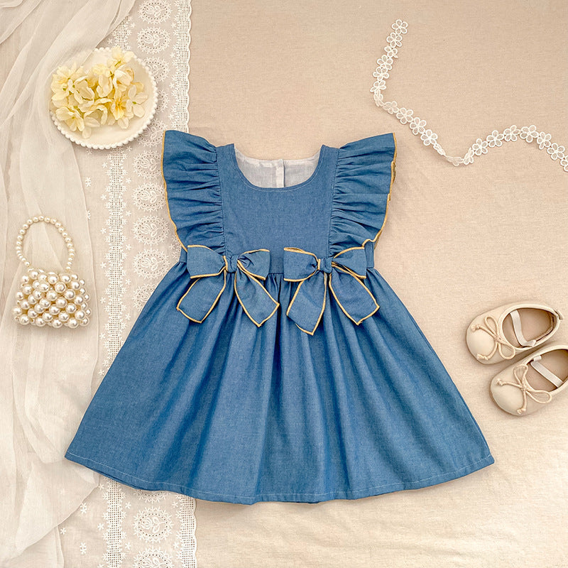 Children's Summer Korean Style Bow Sleeveless Denim Clothes For Babies Jumpsuit Children's Dress