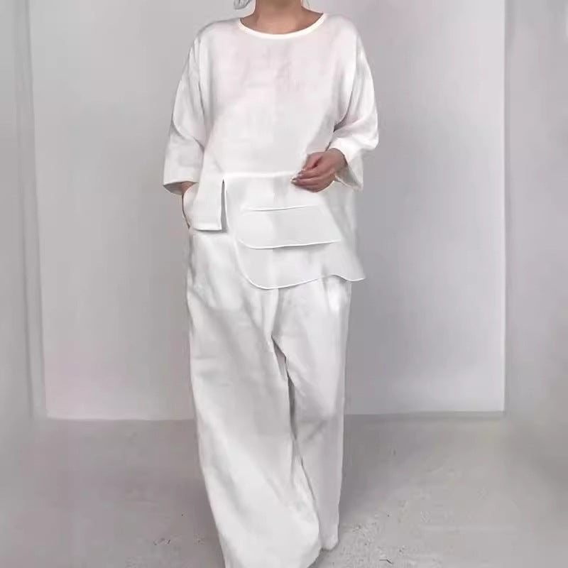 Neck Satin Layered Design Wide Leg Blouses