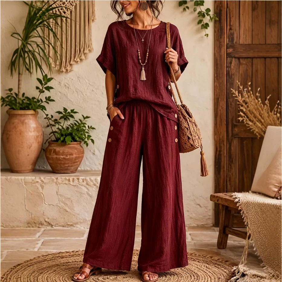 Women's Linen Round Neck Sleeve High Waist Loose Wide Leg Fashion Casual Suit