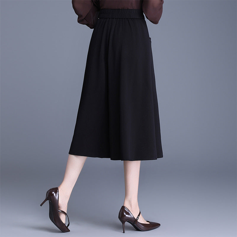 Mid-length Pocket A- Line Solid Color Simple Commute High Waist Skirt