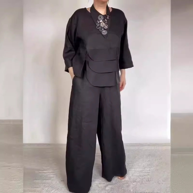 Neck Satin Layered Design Wide Leg Blouses