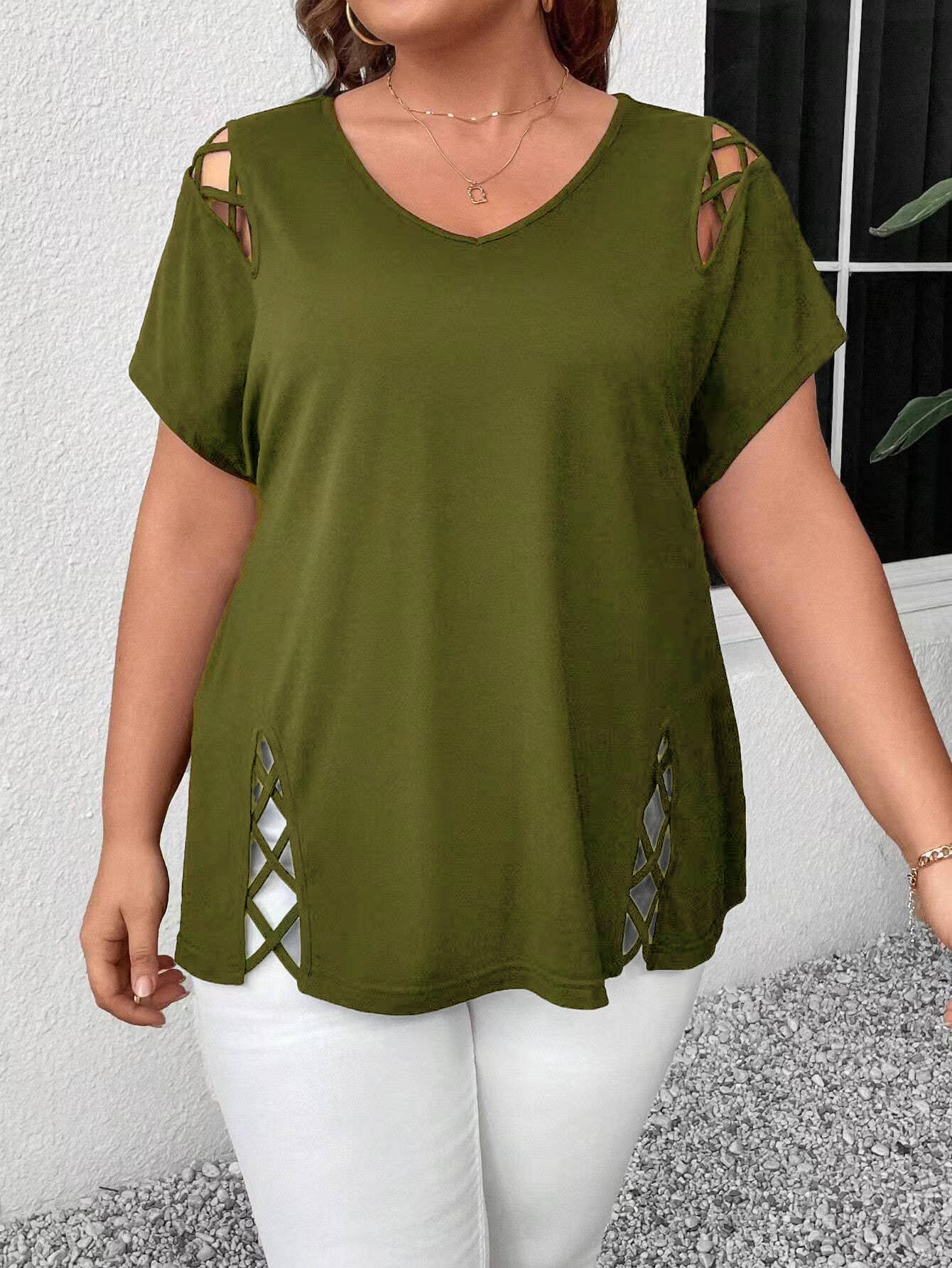 Women's Summer Solid Color Cross Sleeve Slimming Large Size T-shirt