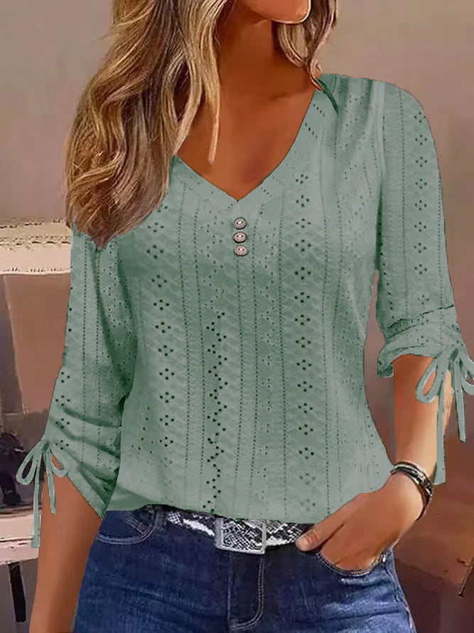 Innovative Solid Color Jacquard Button Long-sleeved Women's T-shirt