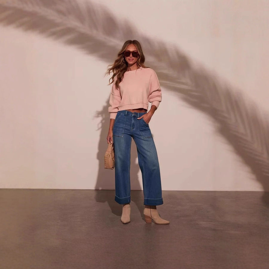 Women's High Waist Wide Leg Loose Washed-out Pants