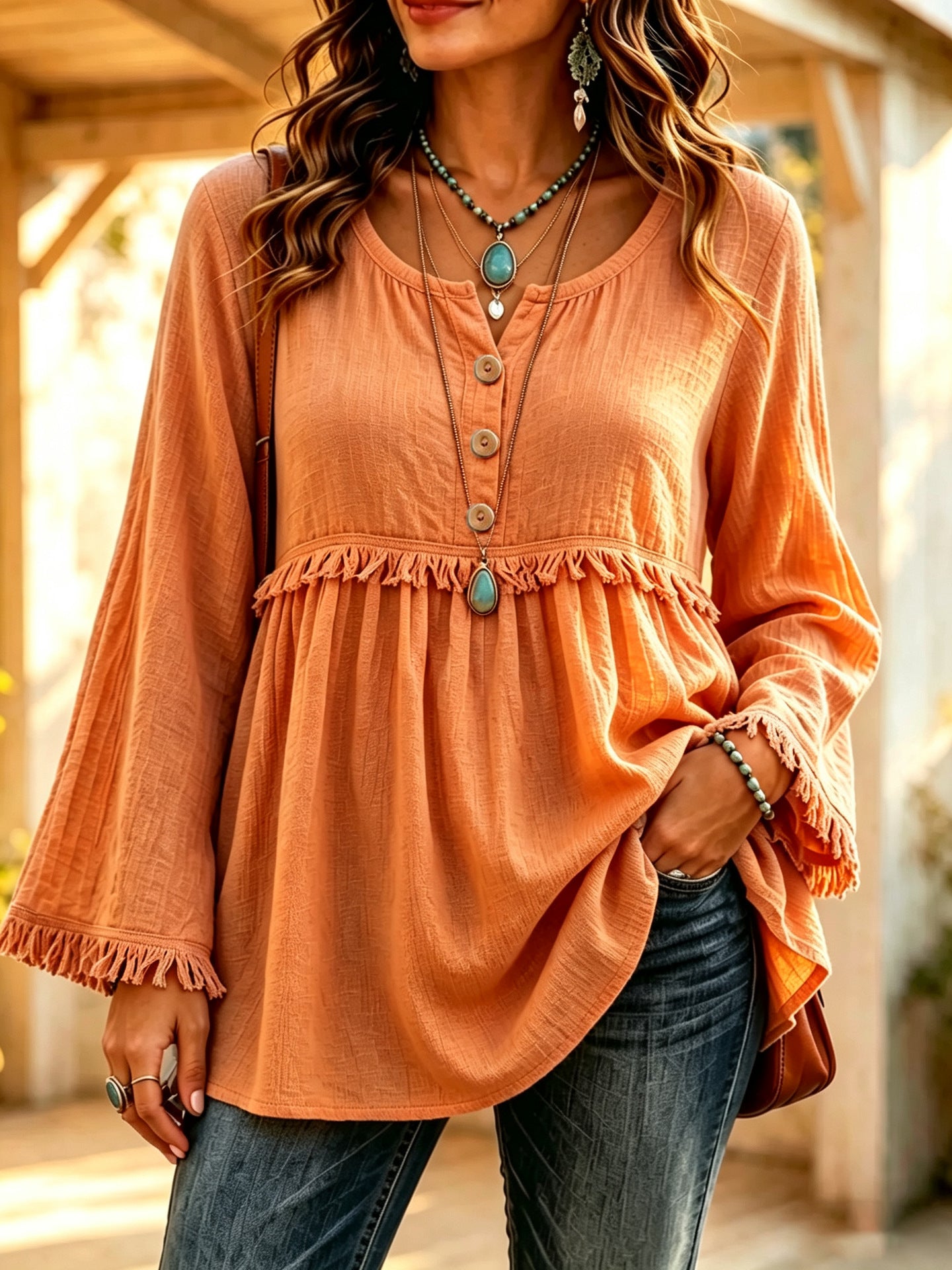 Women's Casual Loose Button Fashion Tassel Solid Color Tops