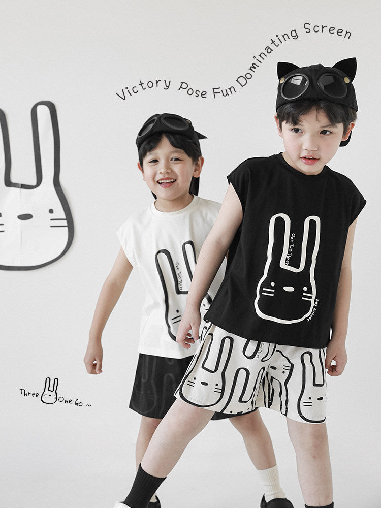 Children's Rabbit Embroidered Printed Contrast Color Round Neck Sleeveless Vest Summer Children's T-shirt