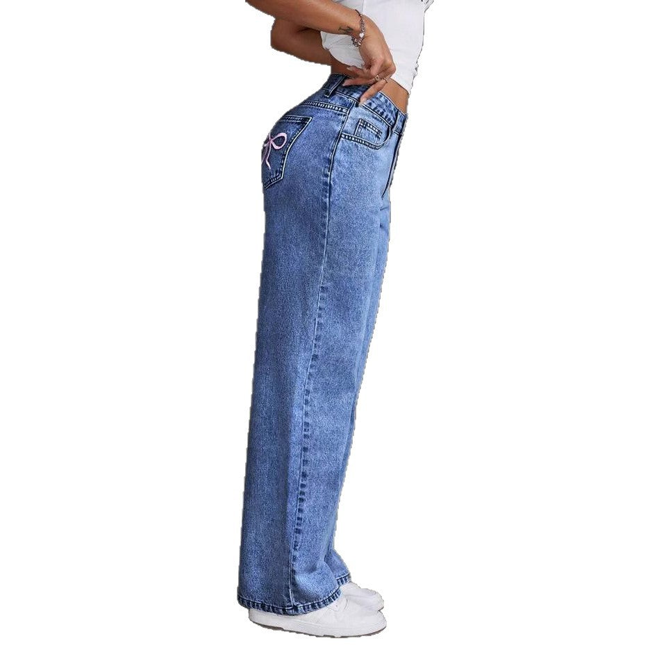 Women's Bow Embroidered Sweet Spicy Style High Waist Straight Women's Jeans