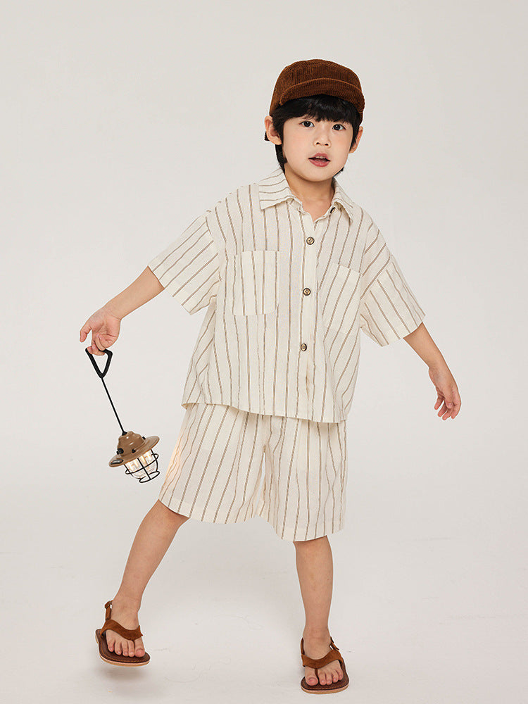 Children's Summer Cotton Linen Striped Shirt Short Sleeve Children's Suit