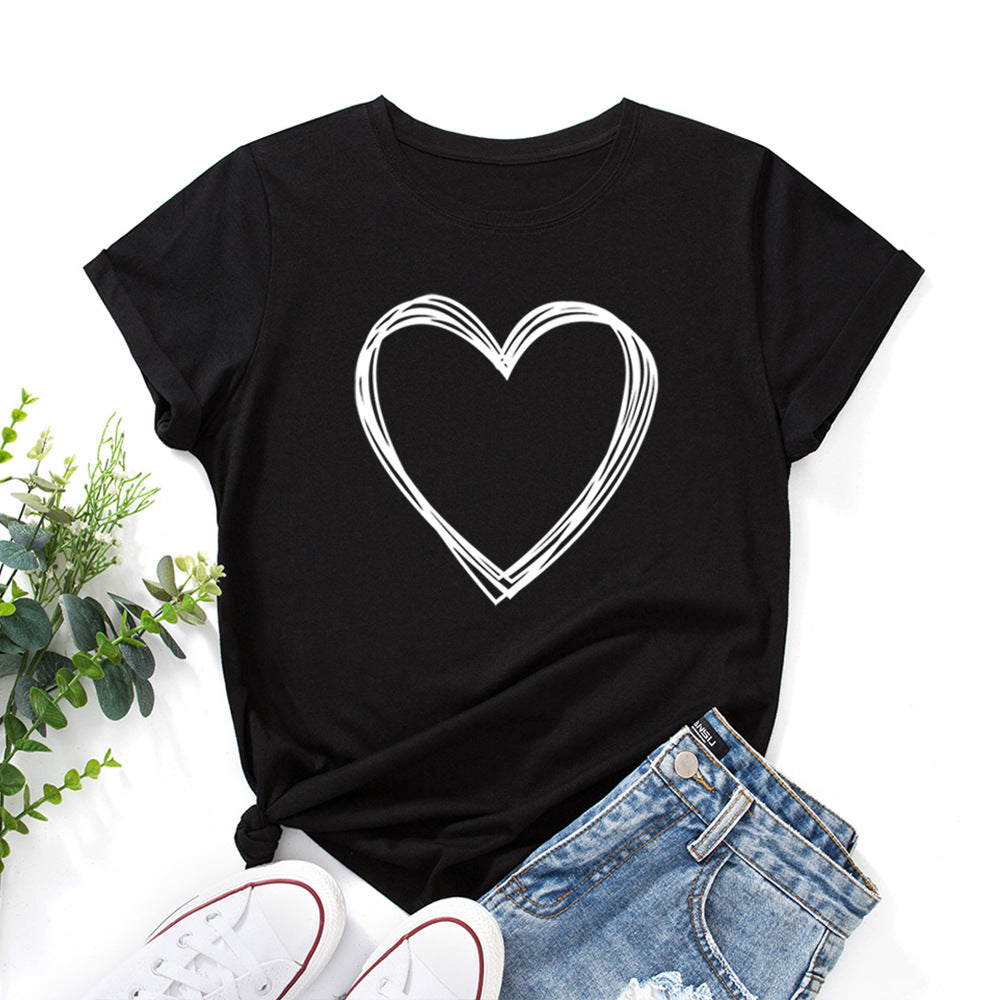 Women's Creative Heart Printed Loose Round Neck Women's T-shirt