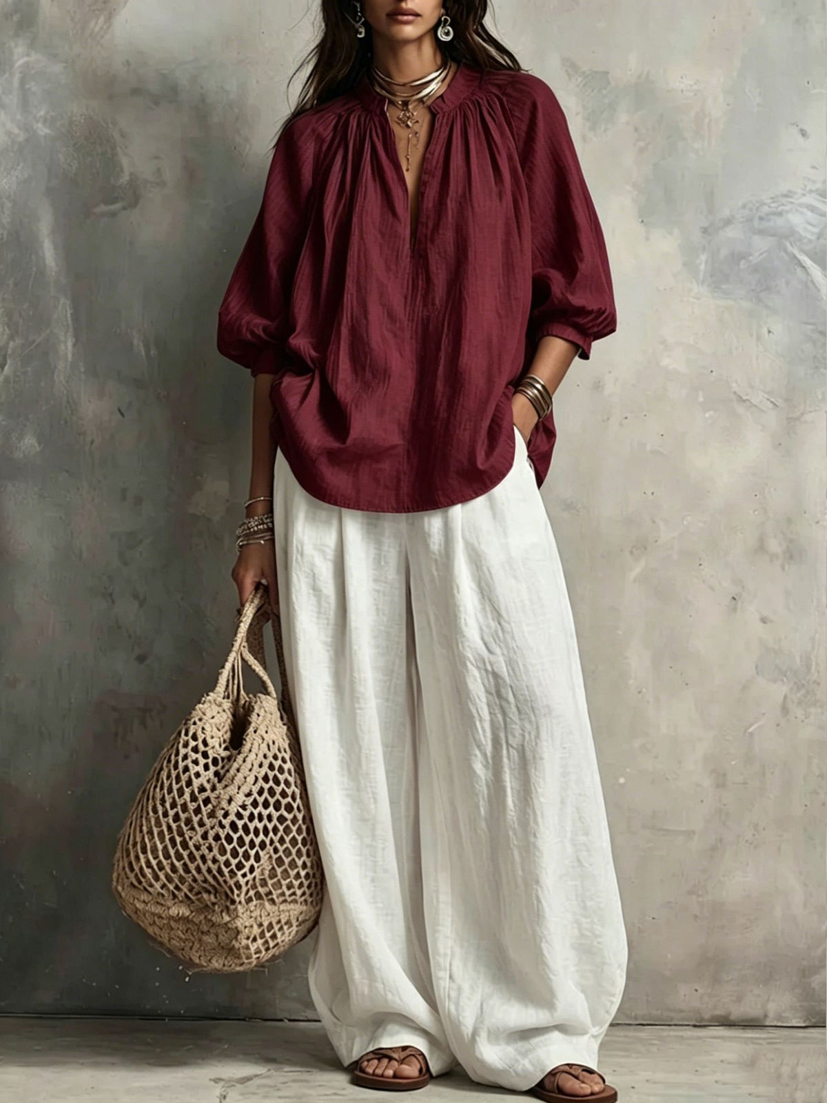 Shirt Loose Slimming Middle Sleeve Vacation Tops