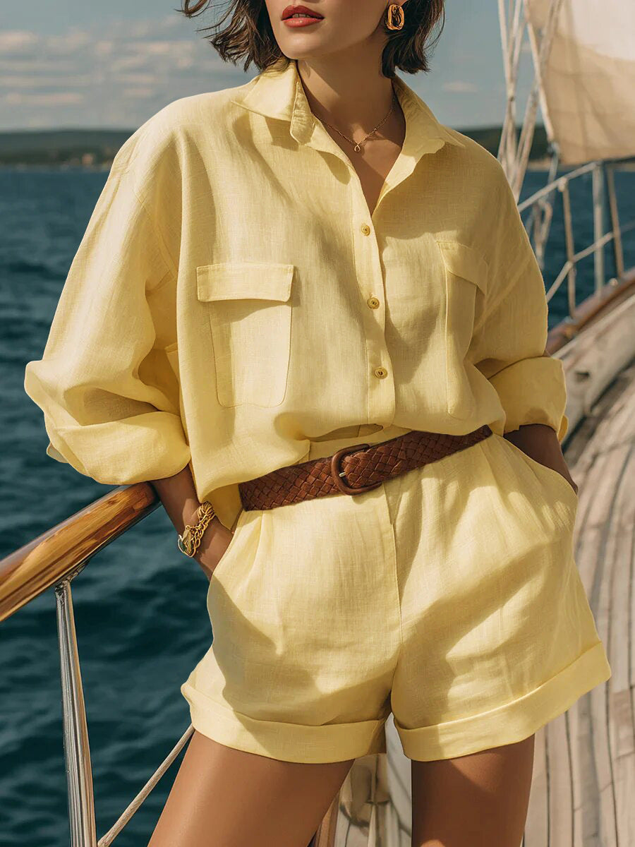 Women's Solid Color Loose Breasted Shirt Set Shorts