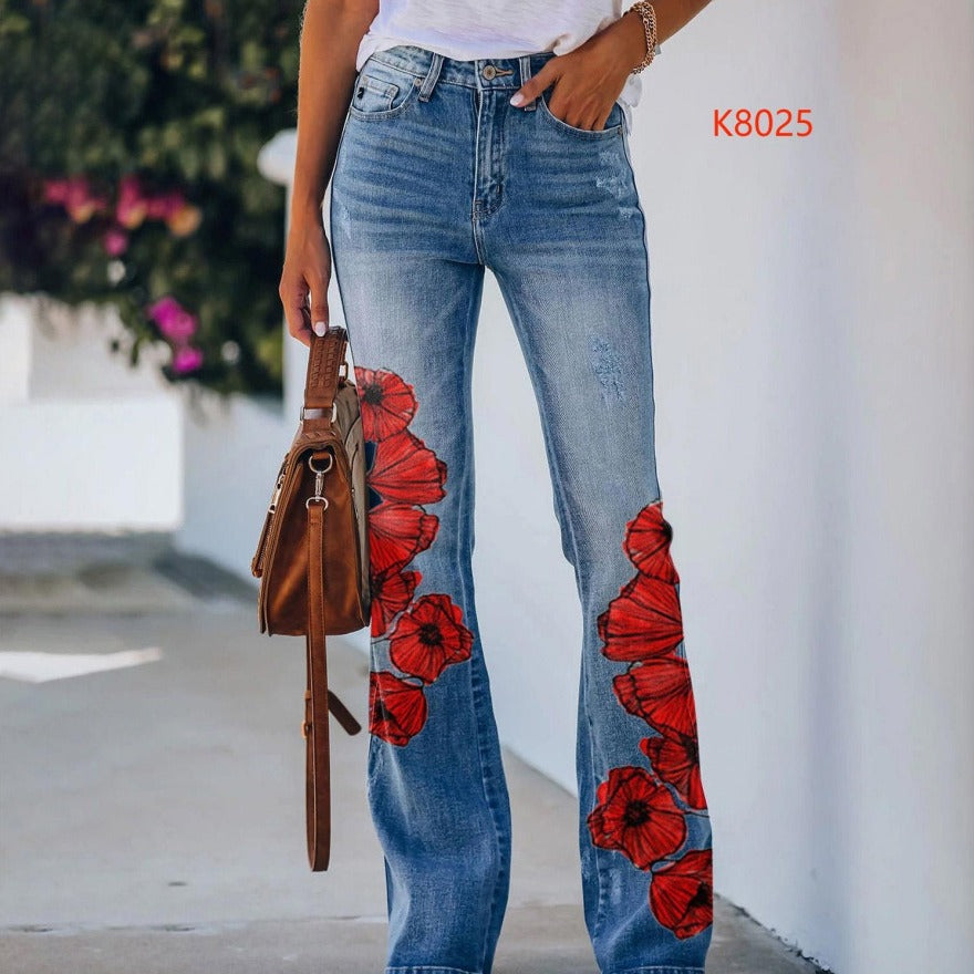 Pretty Women's Large Printed Denim Thin Jeans