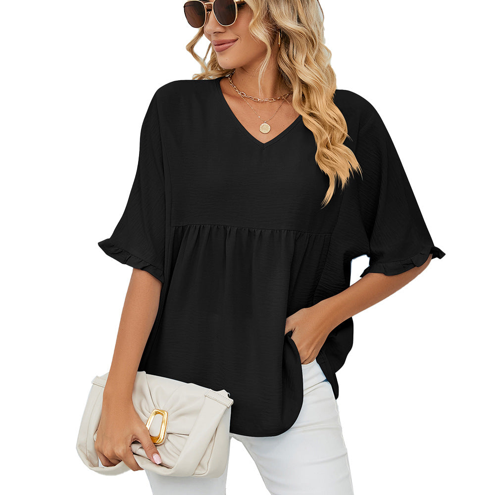 Women's Summer Solid Color Loose Pleated Stitching Half Lace Shirt, Chiffon Shirt