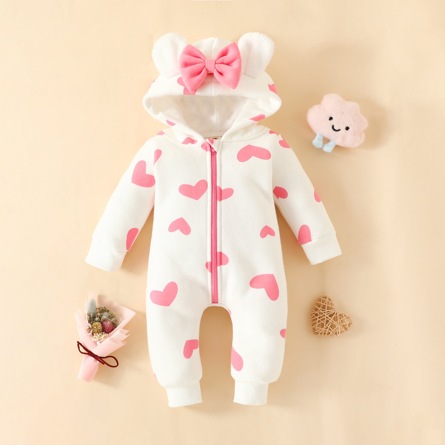 Love Romper Year Old Bowknot Zipper Sweater Strawberry Jumpsuit, Climbing Suit