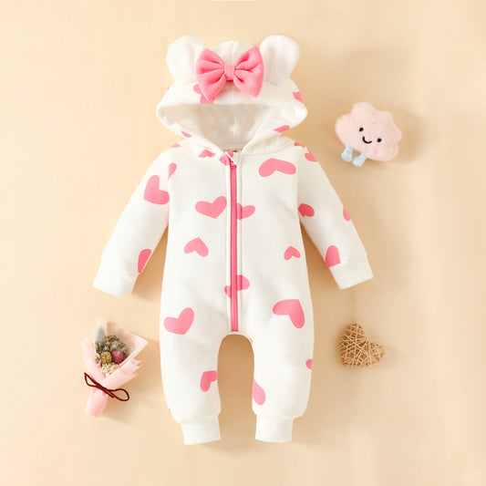 Love Romper Year Old Bowknot Zipper Sweater Strawberry Jumpsuit, Climbing Suit