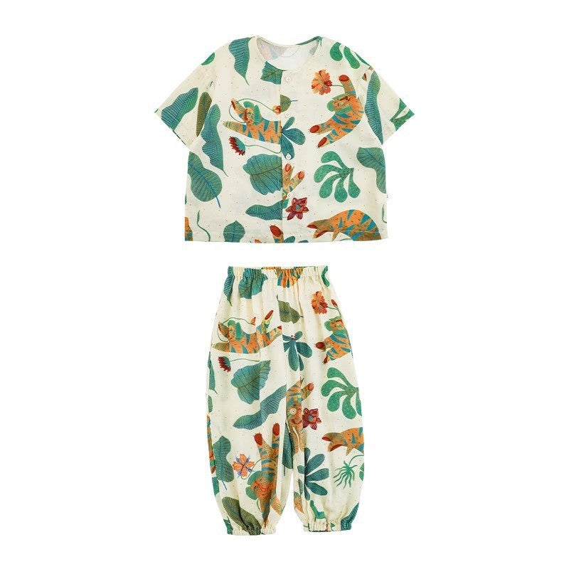 Children's Boy's Summer Thin Short-sleeved Cartoon Loose Soft Pajamas Children's Suit