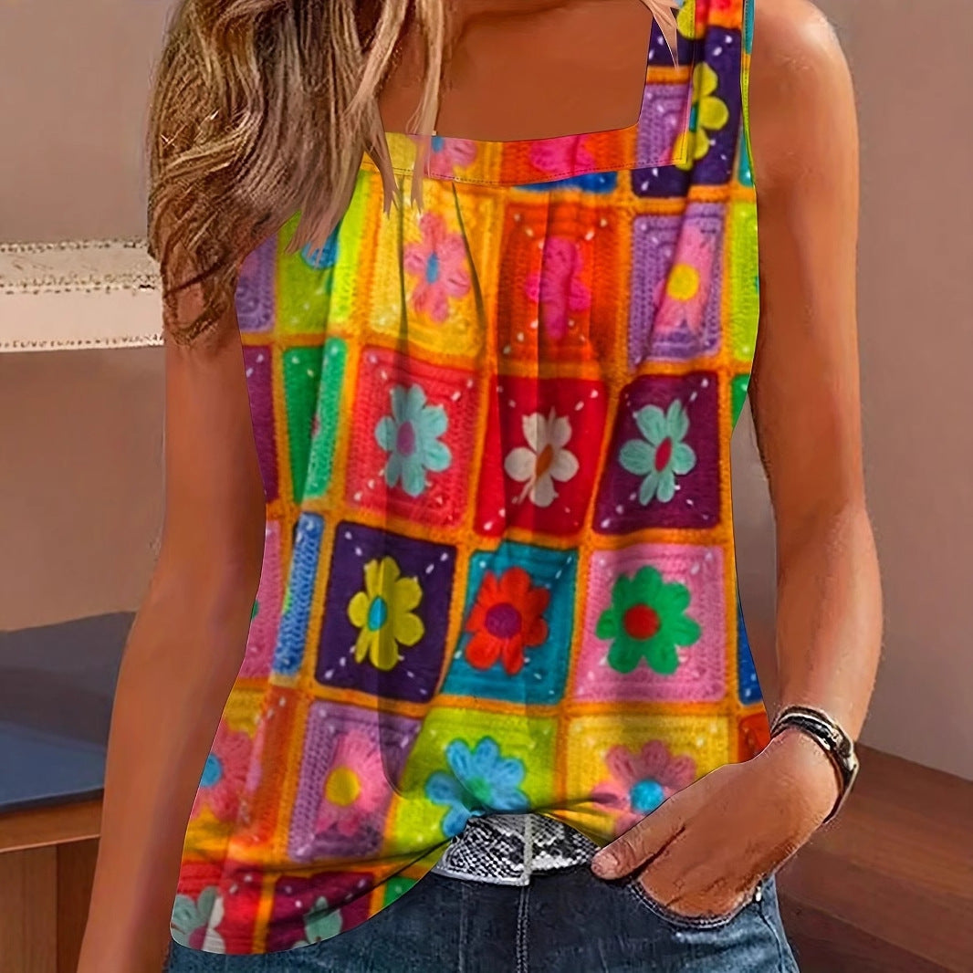 Contrast Color Colorful Printing Loose Casual Women's T-shirt
