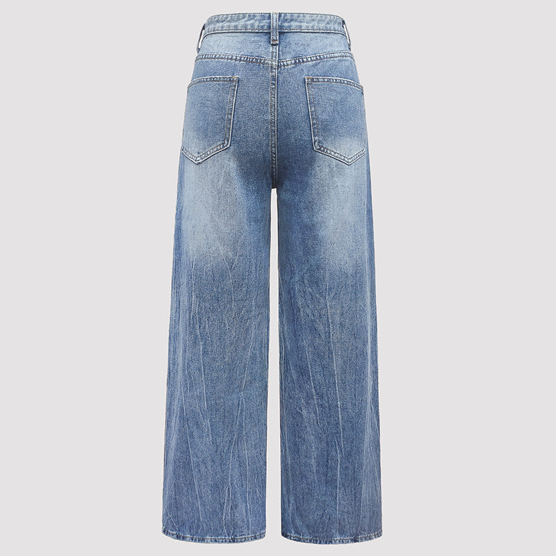Wind Pearl Wide Leg Retro Gradient Washed Side Rivets Women's Jeans
