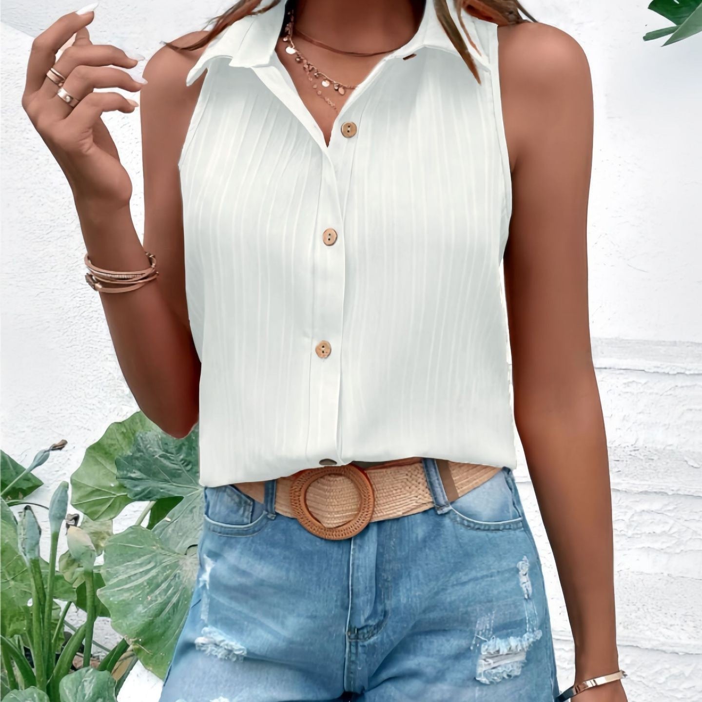 Women's Lapel Sleeveless Shirt Solid Color Simple Elegant Versatile Holiday Inner Clothing