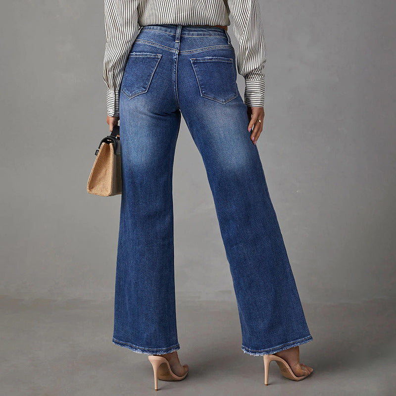 Women's Washed Dark Blue Straight High Elasticity Denim Super Women's Jeans