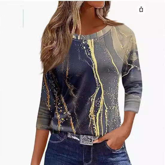 Women's Printed Solid Color Three-quarter Length Sleeve Long Women's T-shirt